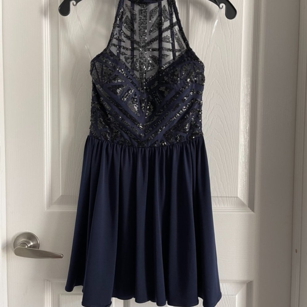 Speechless Halter Sequin Geometric Top Tulle Skater Skirt Dress